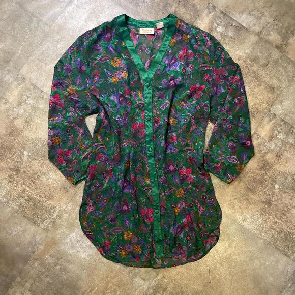 victoria’s secret vintage green floral button up sleep shirt size med/large - Picture 1 of 6